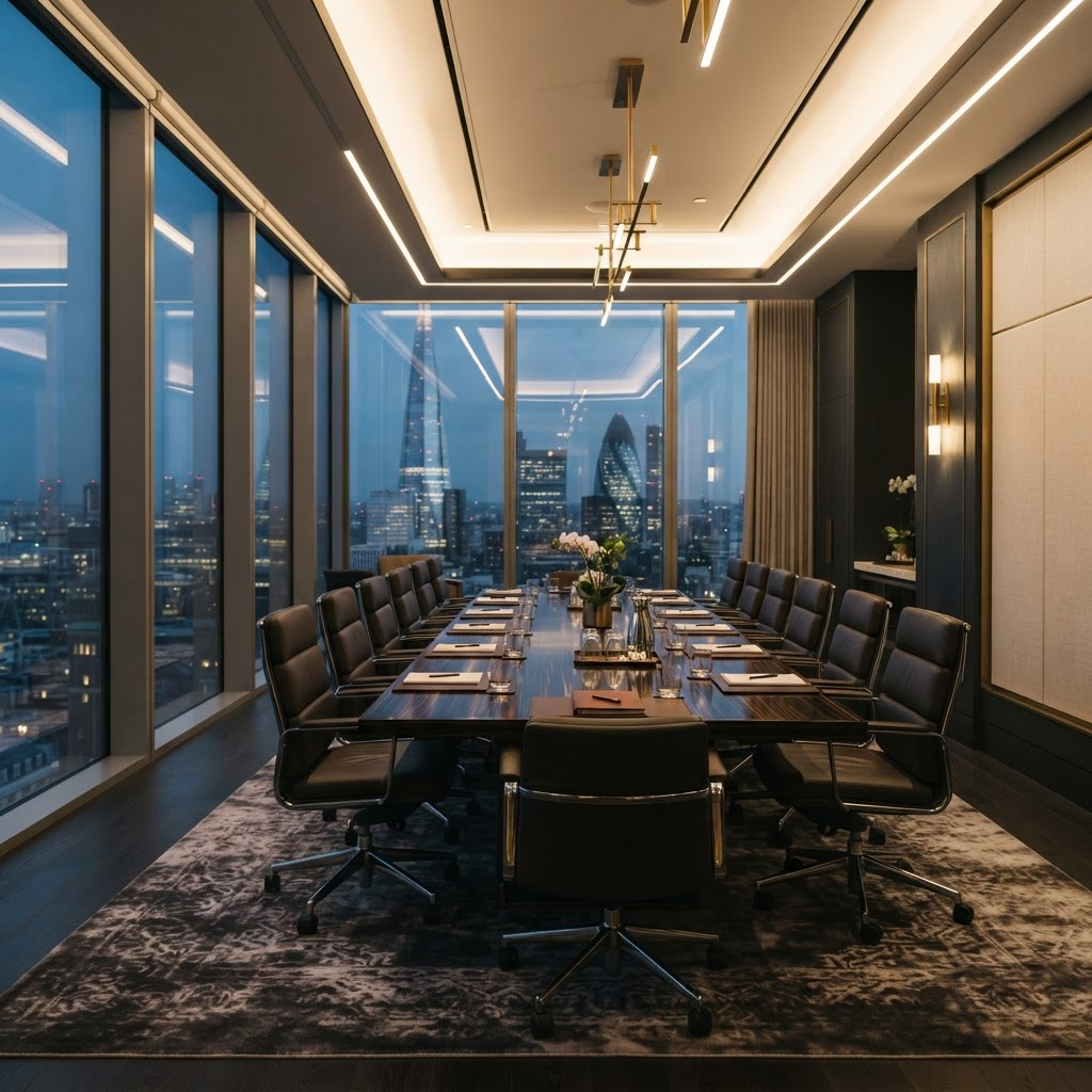 A luxury executive boardroom with a long table and city skyline view