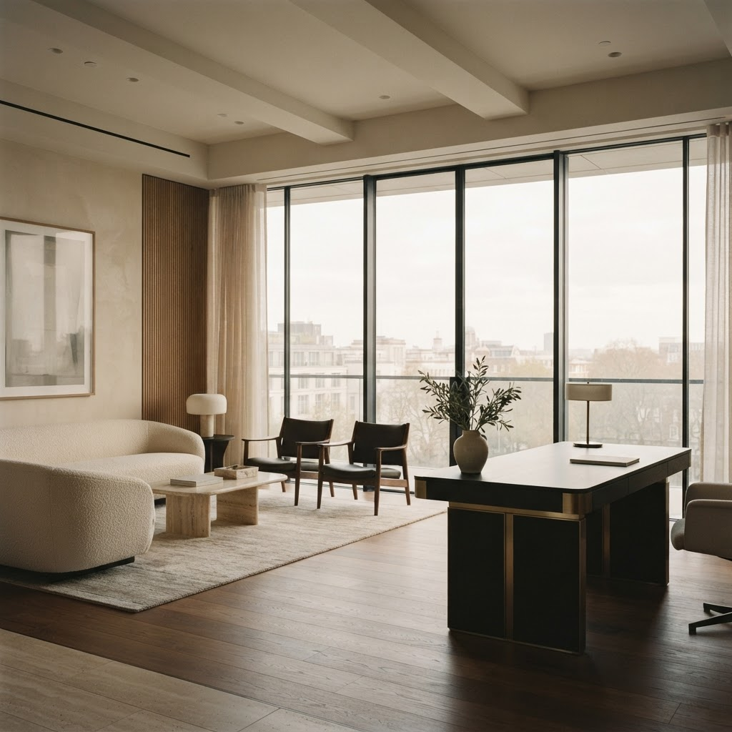A calm, light-filled modern executive space with floor-to-ceiling windows