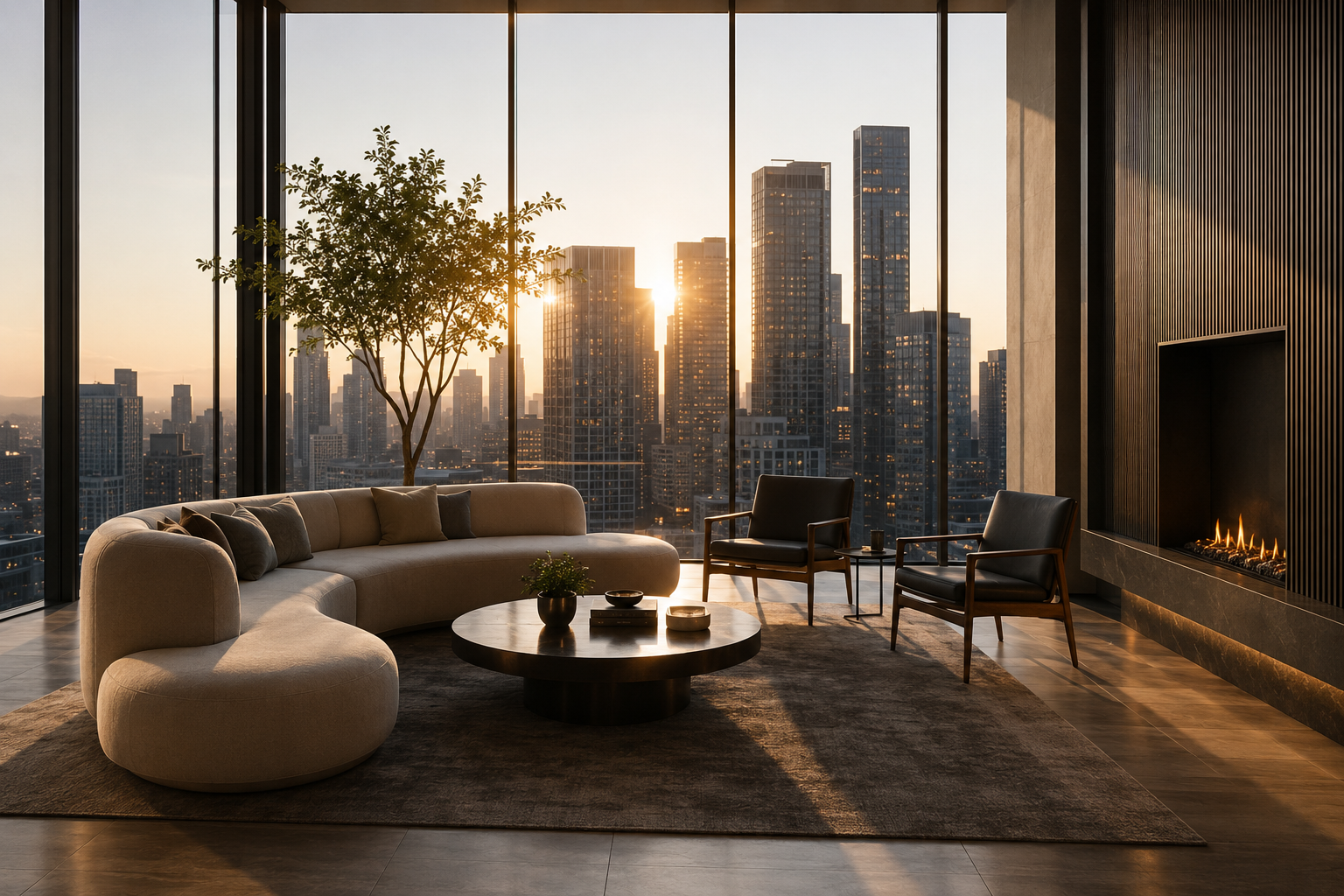 A calm executive penthouse lounge at golden hour with a city skyline view and a lit fireplace