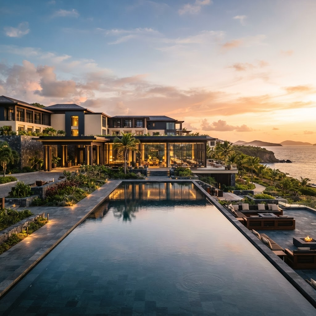 A grand luxury resort at golden hour — Hospitality Wellness Management