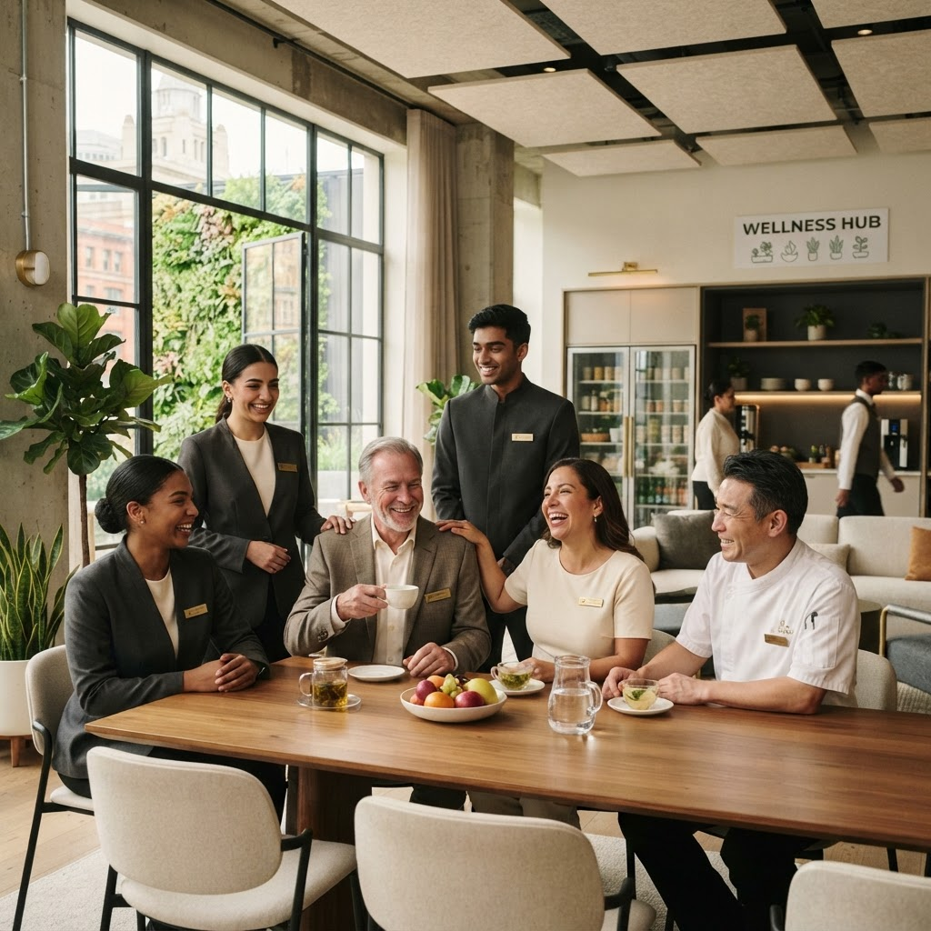 A diverse hotel staff team sharing a wellness moment