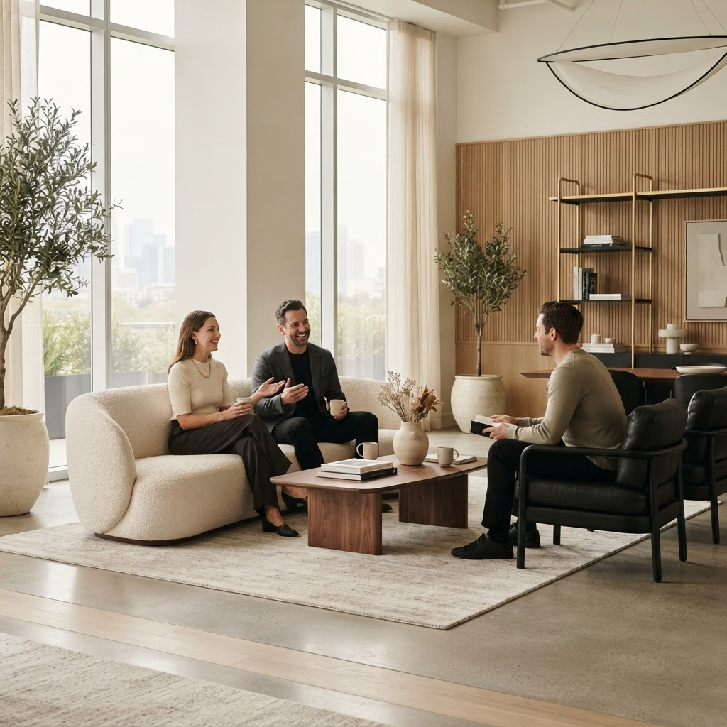 A refined, collaborative modern workplace lounge